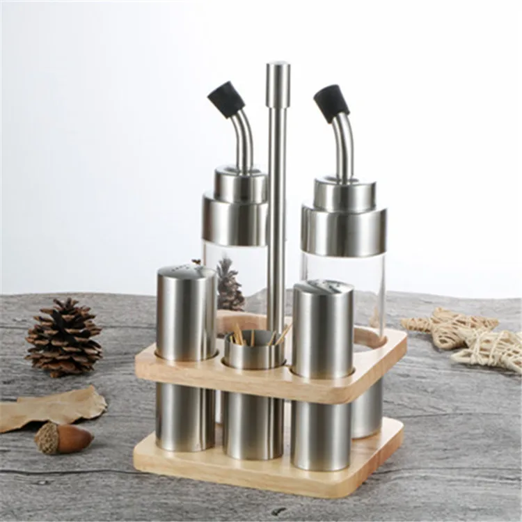 Durable Kitchen Gadgets Herb Spice Jars Empty Vinegar Olive Oil Sauce Bottle Set with Wooden Tray Condiment Dispenser Bottle