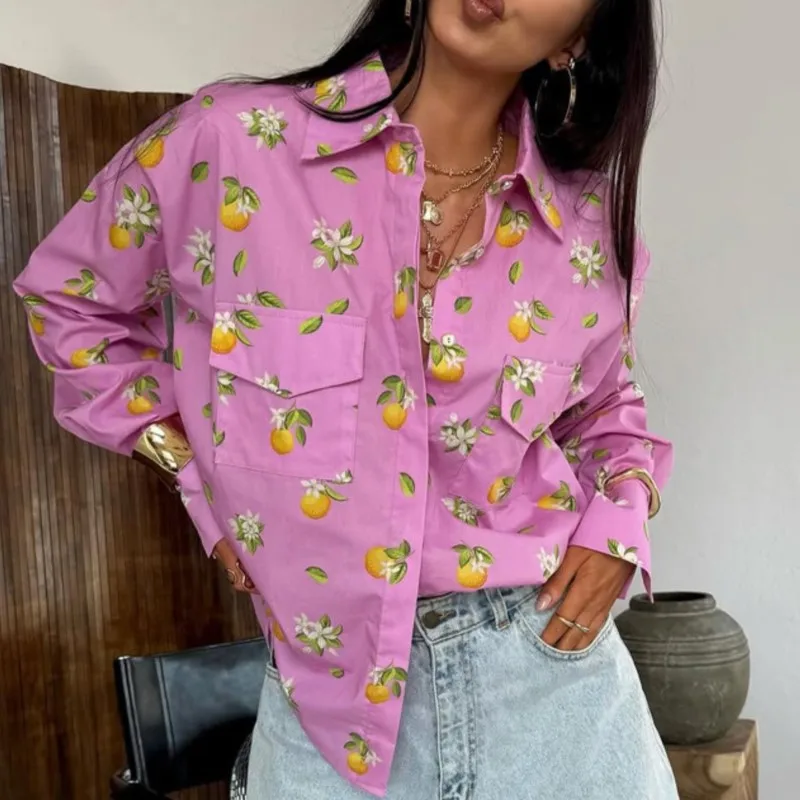 

2025 Autumn Fashion Loose Print Women's Shirt Casual Lapel Long Sleeve Shirts Elegant Classic Pockets Top Female Clothing