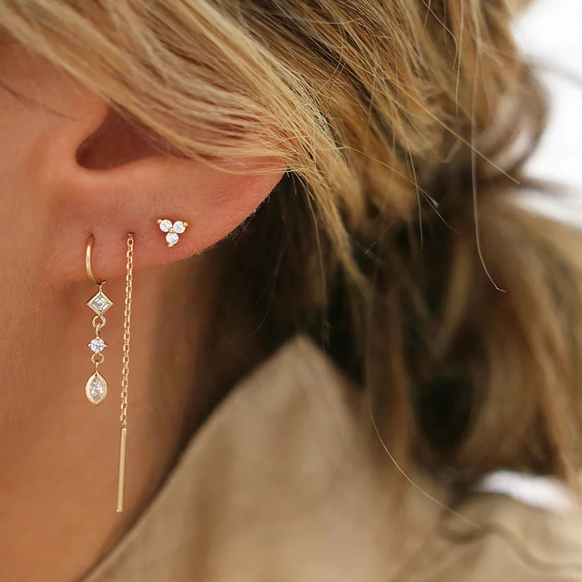 Crmya Chain Earrings for Women Gold-plated Zirconia Hoop Stud Dangle Earring Women Vacation and Party Jewelry Accessories