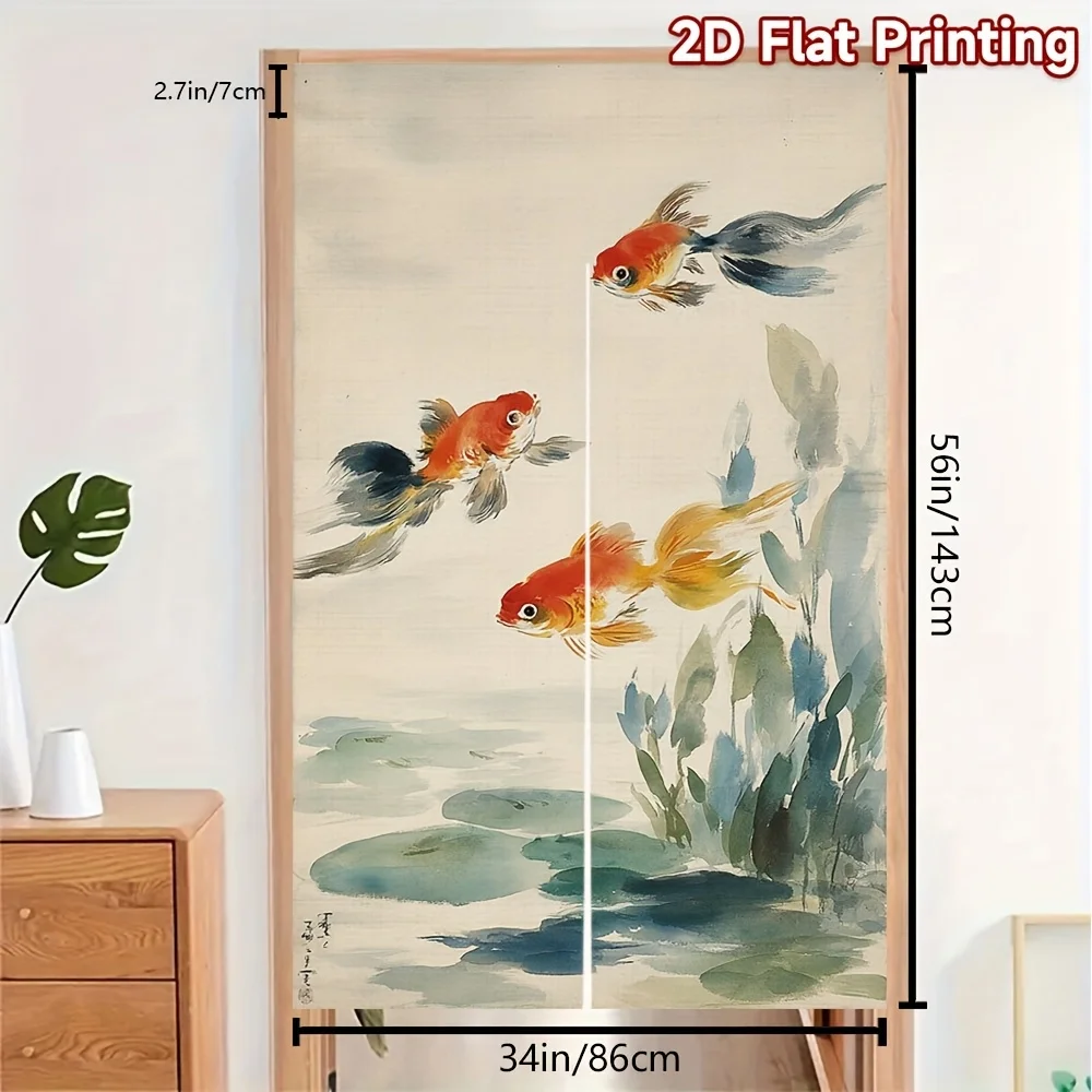 Japanese Traditional Ink Goldfish Pond Noren Curtain, Linen Door Curtain for Home Entrance & Restaurant Decorative Partition