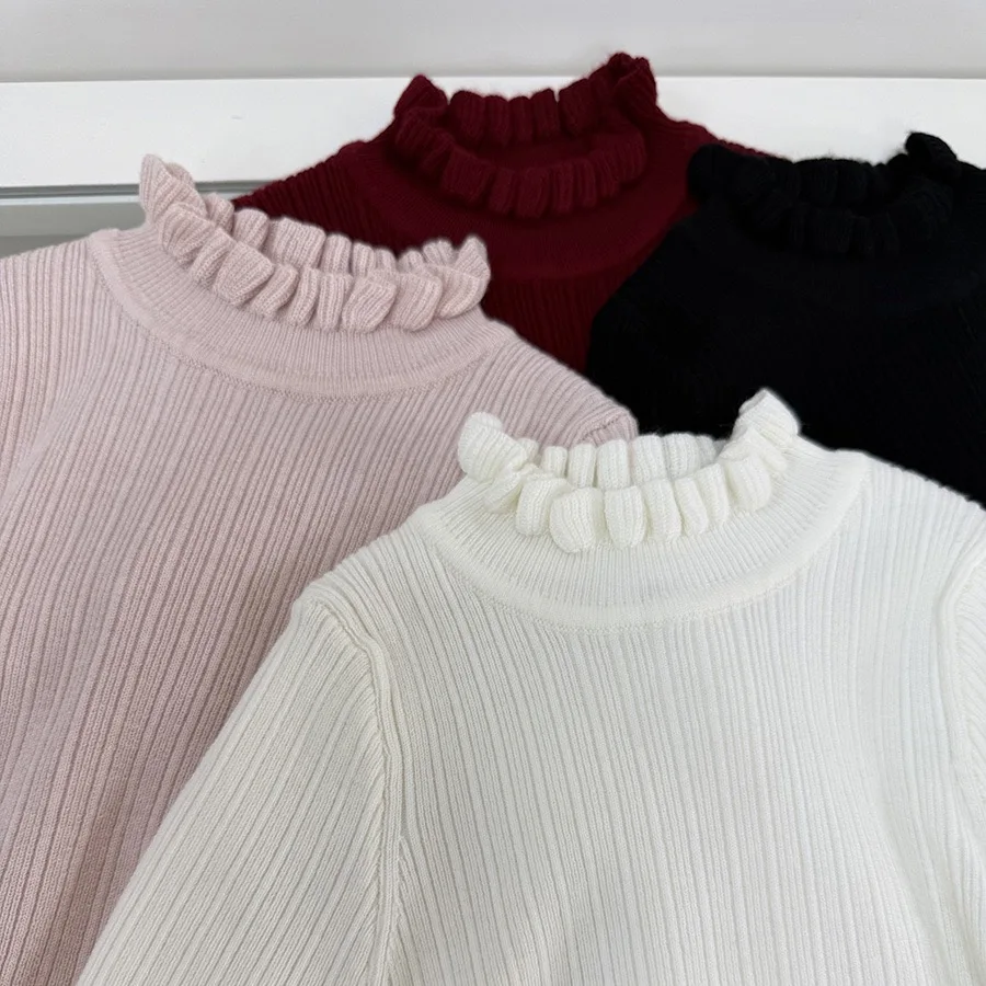 Wool Girls Turtleneck Sweater Kids Knit Pullover Ruffle Collar Long Sleeve Jumper Soft Warm Top Girl Autumn Winter Clothing