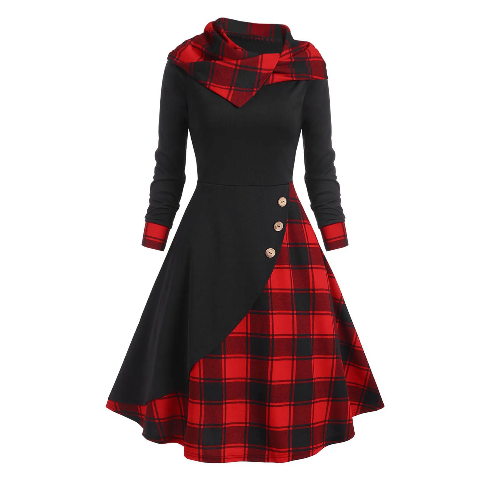 Women Hooded Plaid Mock Button Overlap Midi Vintage Dress Autumn Gothic Punk Long Sleeve Casual Sexy Party Dress Harajuku Robe