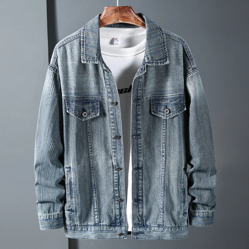 Men Vintage Stripe Blue Denim Jacket Autumn New Korean Fashion Baggy Stretch Cotton Casual Jean Coat Brand Clothes Plus Size 5XL