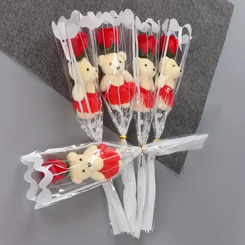 

3pcs Little Bear Doll Rose Soap Flower Single Bouquet Simulation Flowers Wedding Birthday Valentine's Day Gift Decoration