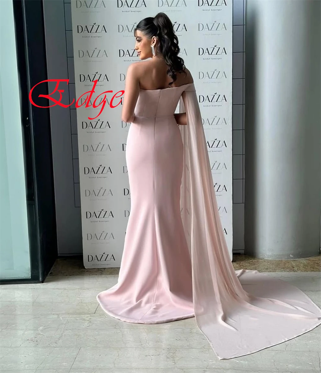 ที่กําหนดเองง่ายแชมเปญ Jersey ชุดราตรีคลาสสิก Strapless ปิดไหล่ผ้าคลุมไหล่ซิปด้านหลังดอกไม้ Homecoming Dress