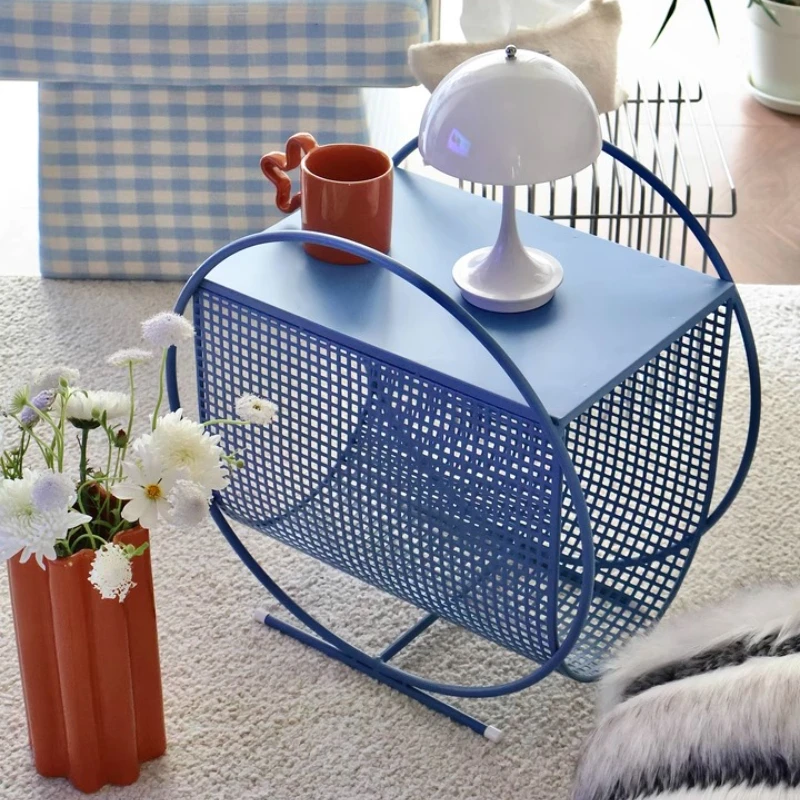 Blue Metal Basket Style Nightstand Mobile Side Table for Living Room Sofa Magazine Storage End Table Space Saving Bedroom Shelf