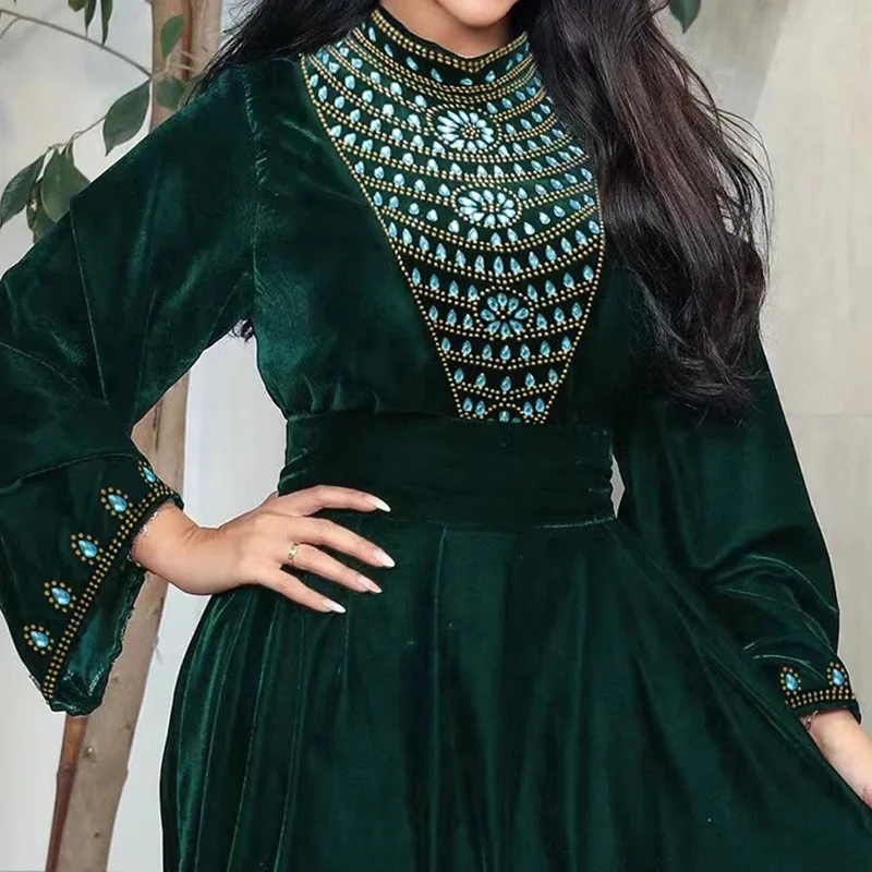 High Quality Winter New Muslim Dubai Suede Dinner Dress Robe Blue Water Drop Rhinestone Jalabia Women's Dresses
