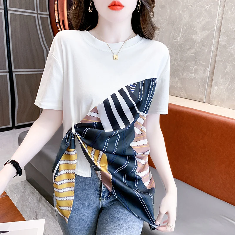 2023 New Summer Korean Clothes T-Shirt Women Fashion Sexy O-Neck Patchwork Scarves Tops Short Sleeve Casual Irregular Tees 36064