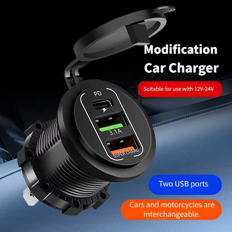 NEW 4 Ports Dual PD Dual QC 3.0 USB Car Charger with Voltmeter Socket Power Outlet Adapter Waterproof for 12V/24V Car Boat