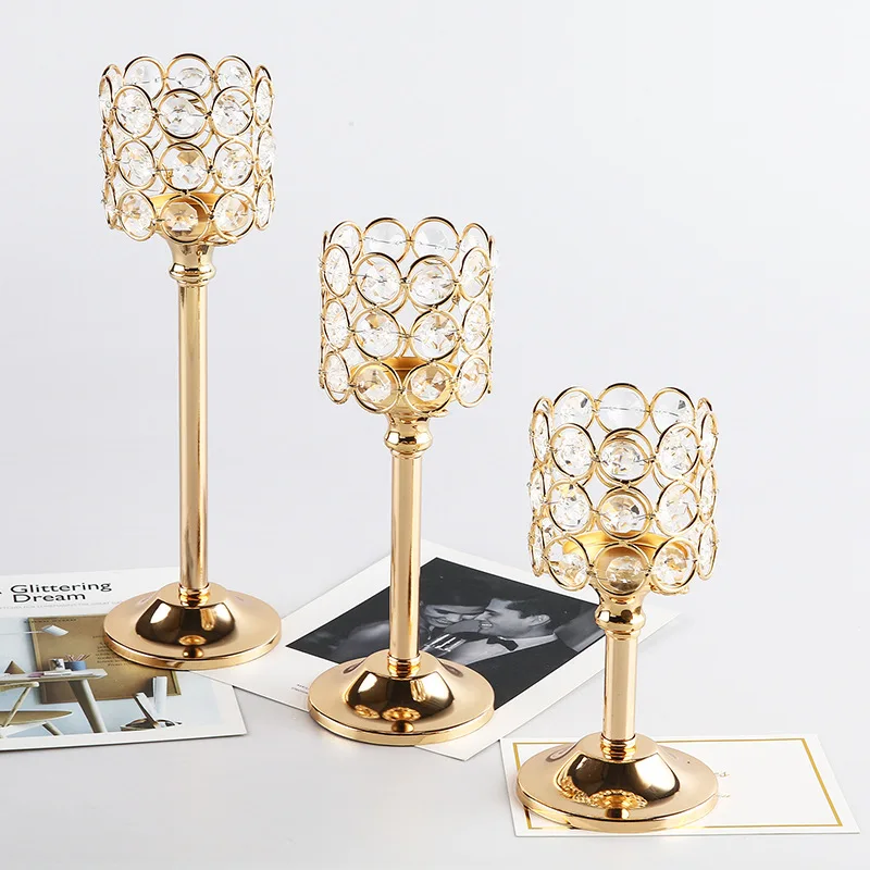Goldene Metall-Kristall-Kerzenhalter Teelicht-Kerzenständer für Esstisch Kaffeetisch Hochzeiten Events Partys Heim-Deko