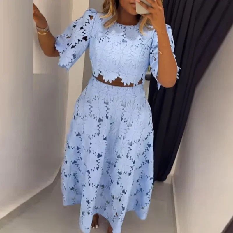 Fashion O-neck Pullover Top & Long SKirt Set Women Casual Short Sleeve Solid Party Outfits Elegant Lace Hollow A-Line 2Pc Suits