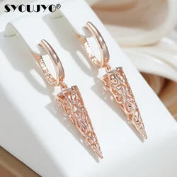 SYOUJYO 585 Gold Color Cone Shape Long Dangle Earrings For Women Natural Zircon Setting Hollow Carved Pattern Ethnic Trend Jewel