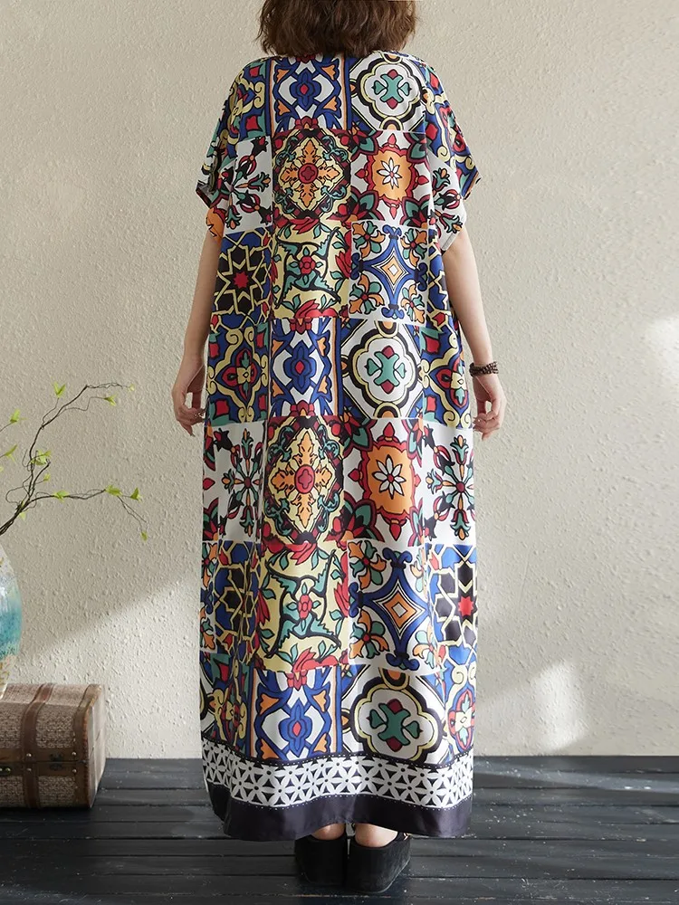 Übergroßes Sommerkleid mit V-Ausschnitt für Damen, geometrischer Blumendruck, modische Damenkleider, lässig, lockere Rüschen, A-Linie, langes Kleid
