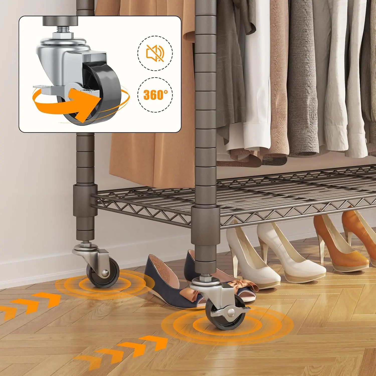47.3"W×17.7"D×80.7"H Heavy-Duty Rolling Garment Rack with Storage Shelves, 25mm Metal Tube Freestanding Wardrobe Organizer, Mobile Hanging Clothes Rack for Bedroom Laundry Walk-in Closet view 5