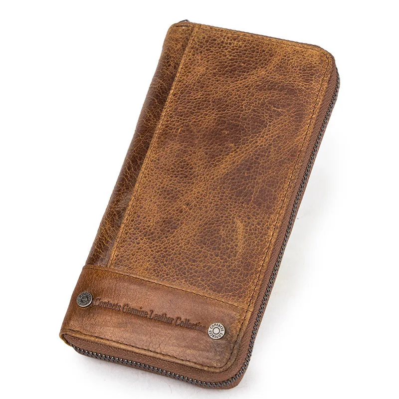 British Style Top Layer Cowhide Crazy Horse Cowhide Anti Theft Brush Wallet Long Multi Genuine Leather Men Zipper Bag Men Wallet
