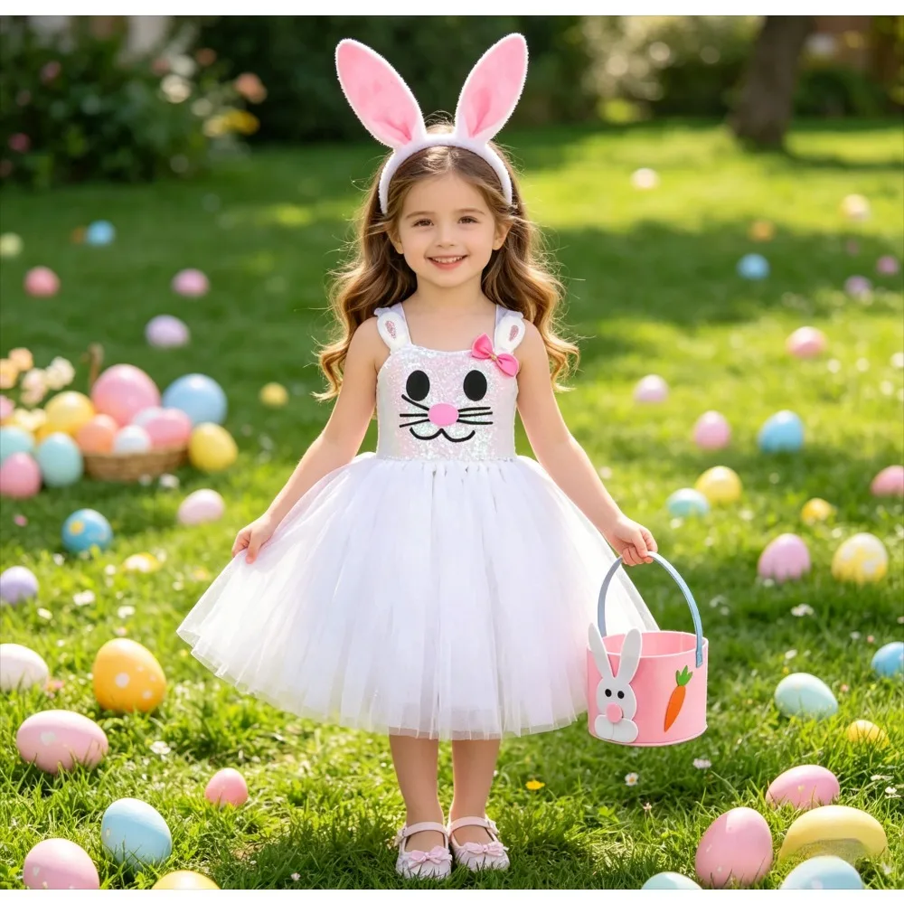 Baby Girls Easter Bunny Tutu Dress Sequins White Animal Costume Carnival Party Ballet Dress Kids Rabbit Festival Outfit view 4