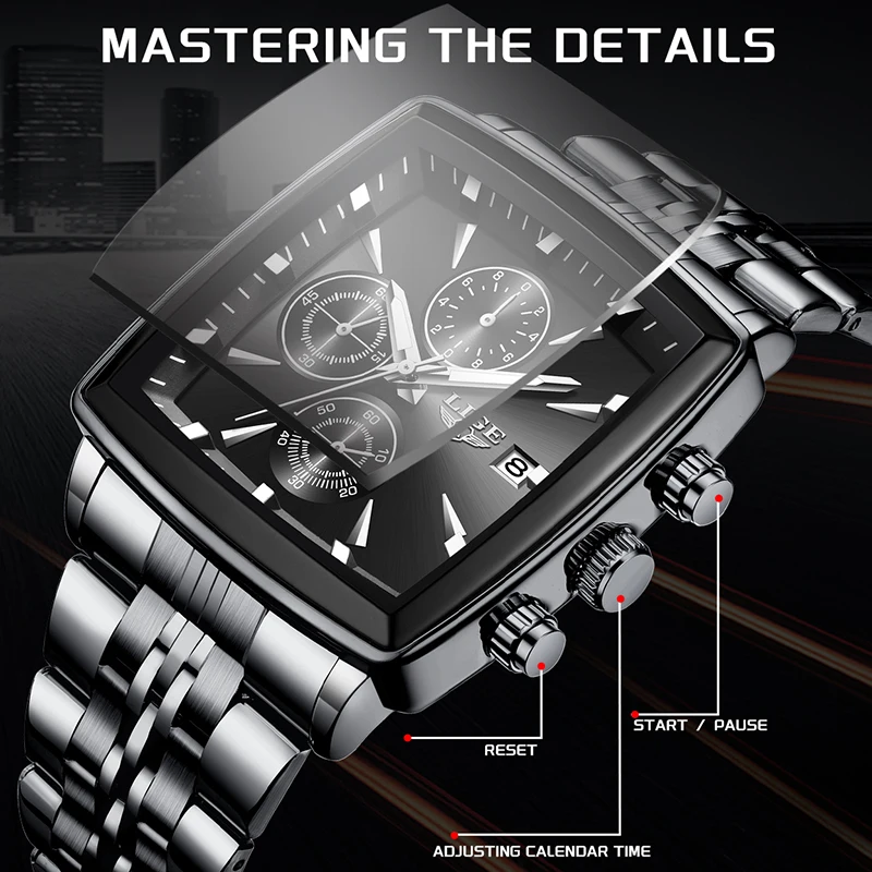 LIGE Orologi sportivi da uomo Fashion Business Orologio da polso luminoso quadrato da uomo Cronografo al quarzo con data impermeabile Relogio Masculino