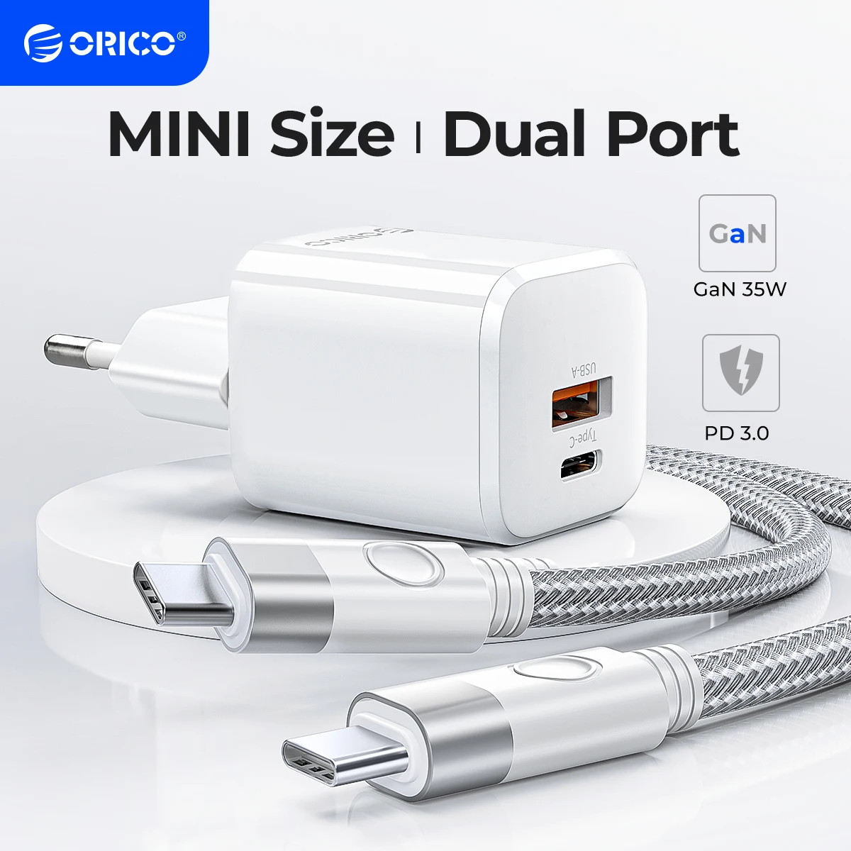 ORICO-GaN USB C Charger, EU Plug, PD Fast Charging, Dual Port, iPhone 13, 12, Max Pro, iPad, Xiaomi, Samsung, 35W