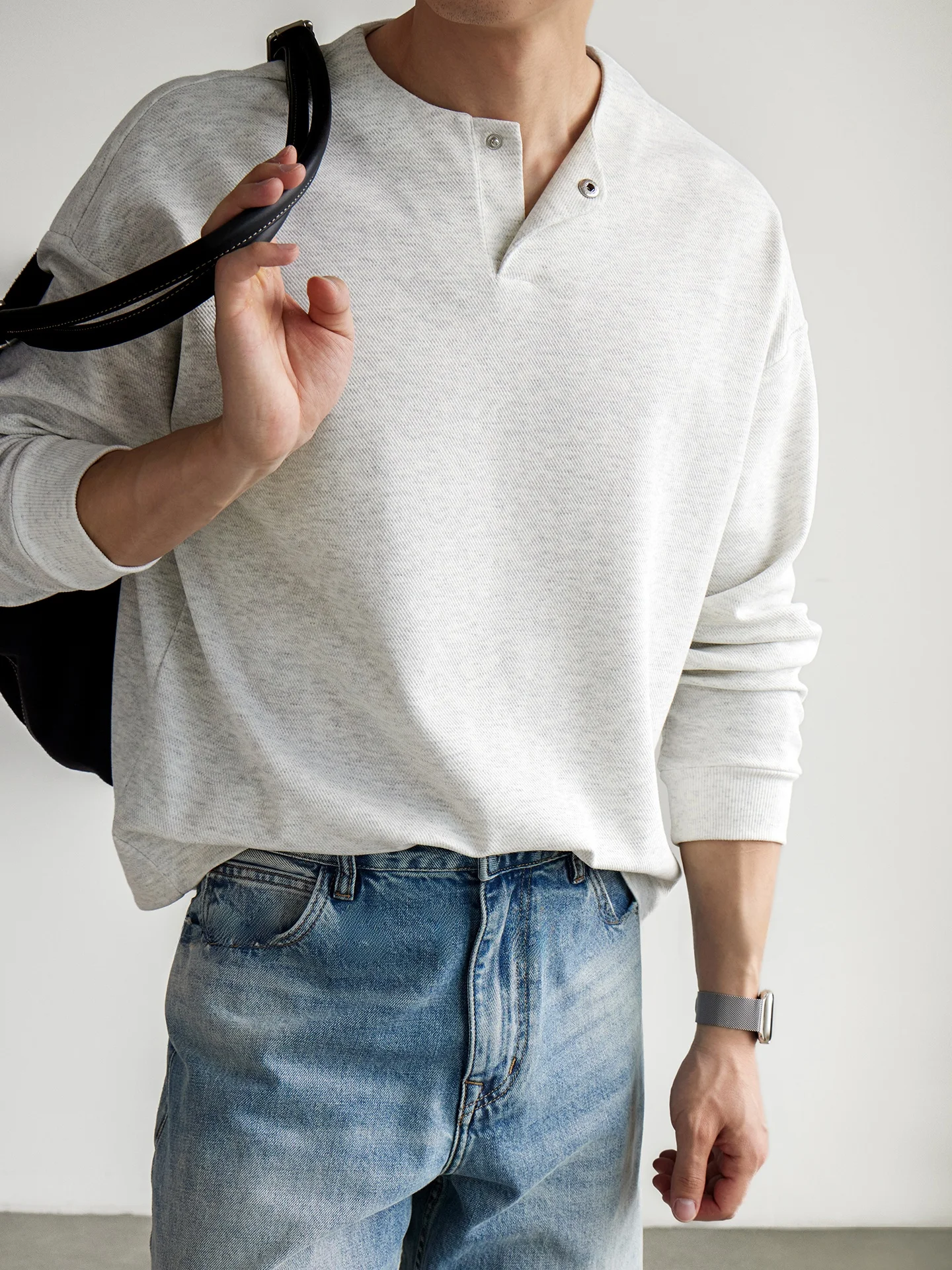 Casual Long Sleeve T-Shirt Men's Henry Collar Thick Weave Cotton American Style Commute Fashion Urban Breathable Comfortable