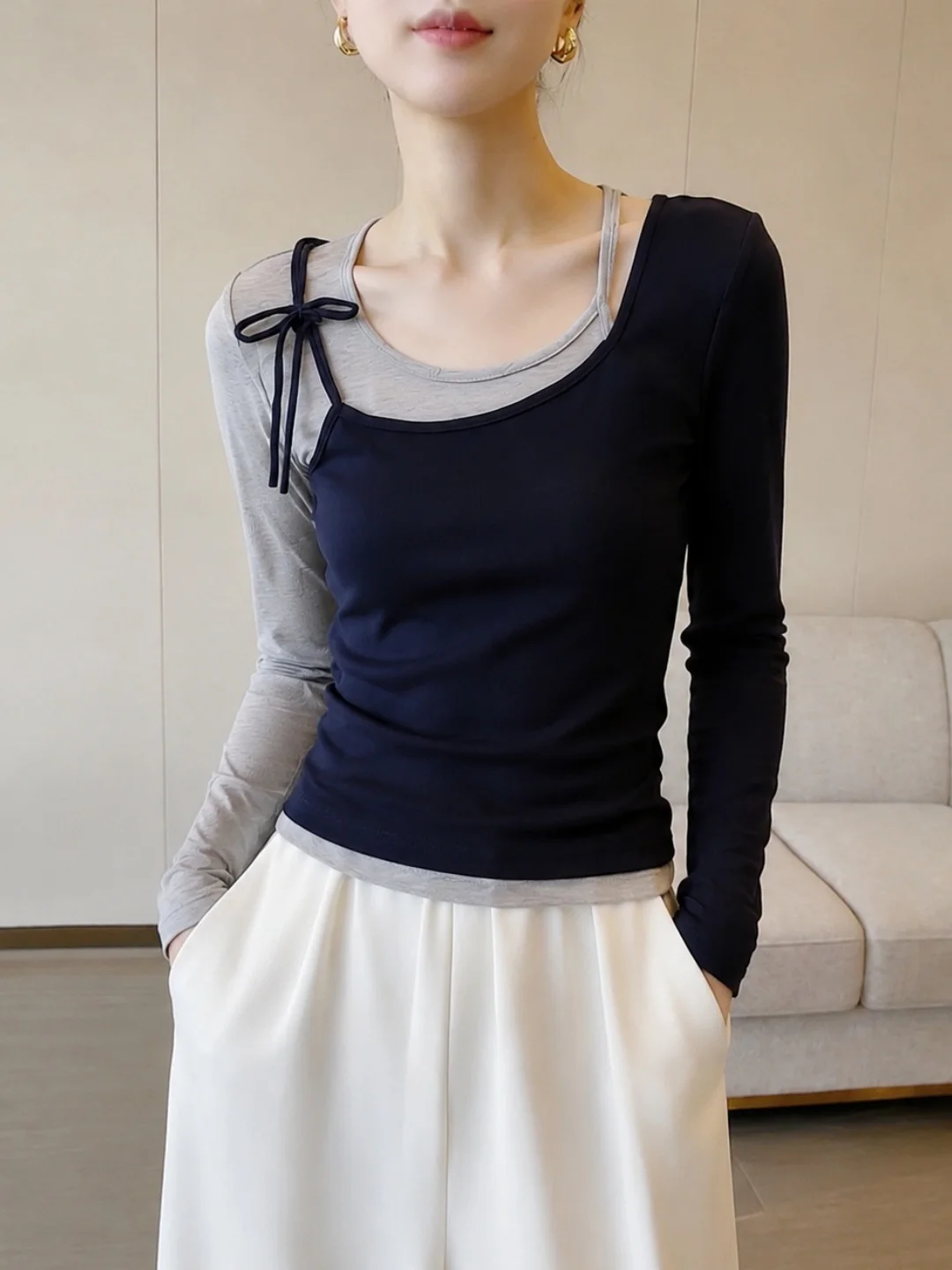 Korean Style Color Block Long Sleeve T-Shirt Women's Slim Fit Versatile Top Poetic Lin Commute Style Regular Sleeve round Neck