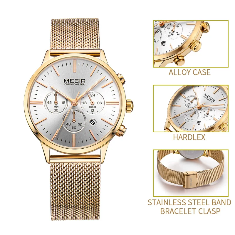 MEGIR Watches for Women Luxury Elegant Ladies Stainless Steel Quartz Wristwatch Fashion Chronograph Clock Reloj Mujer 2011