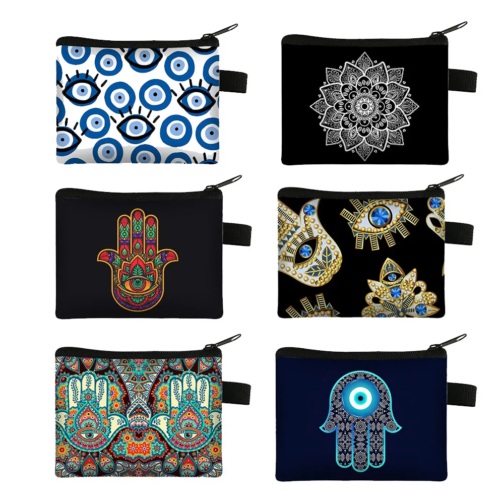 Hand of Fatima Coin Purse, Bolsa Turca, Blue Evil Eye Coin Bags, Mandala Flower Money Bag, Fone de ouvido ID Credit Card Key Carteira Pequena,