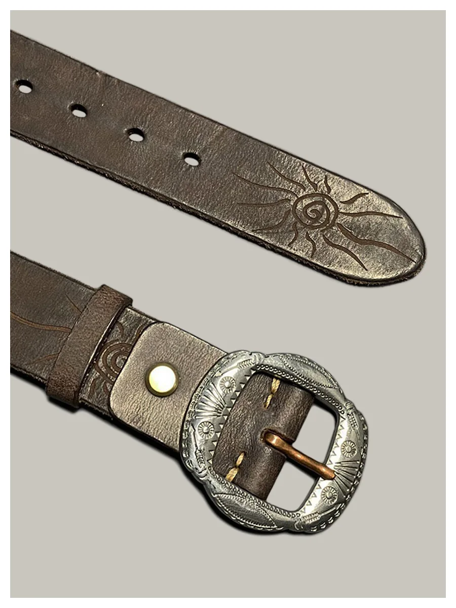 Japanese handmade leather carved men's denim casual belt retro steel buckle first layer cowhide belt 290 coffee