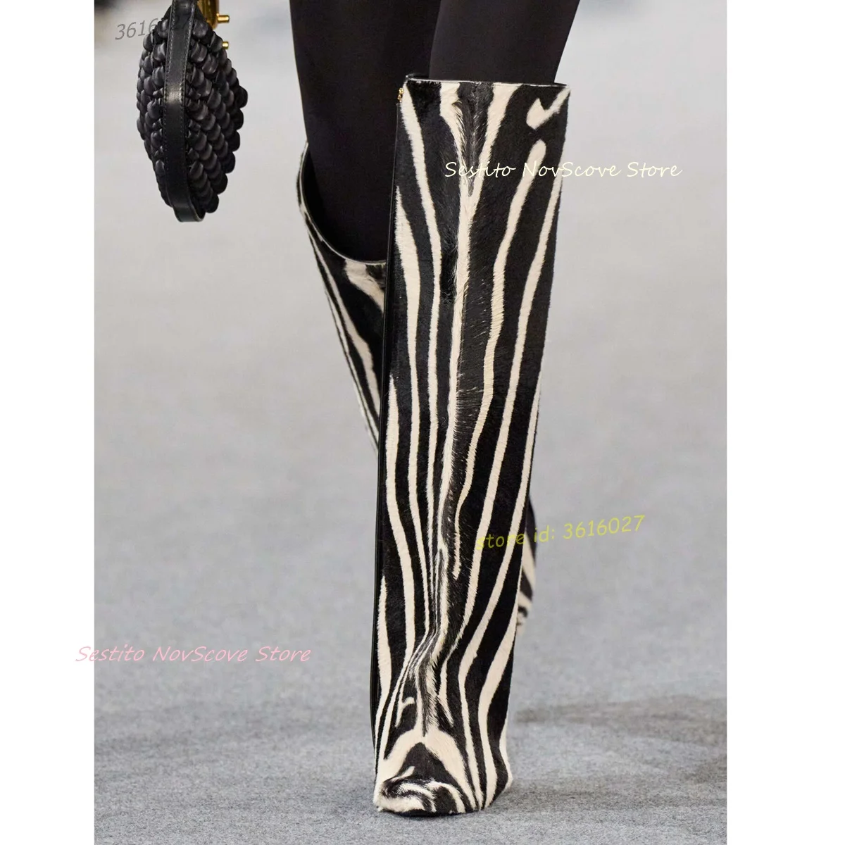 

Zebra Print Pointy Toe Suede Wedges Knee High Boots Black and White Stripes Sexy Women Spring Fashion Long Booties Party