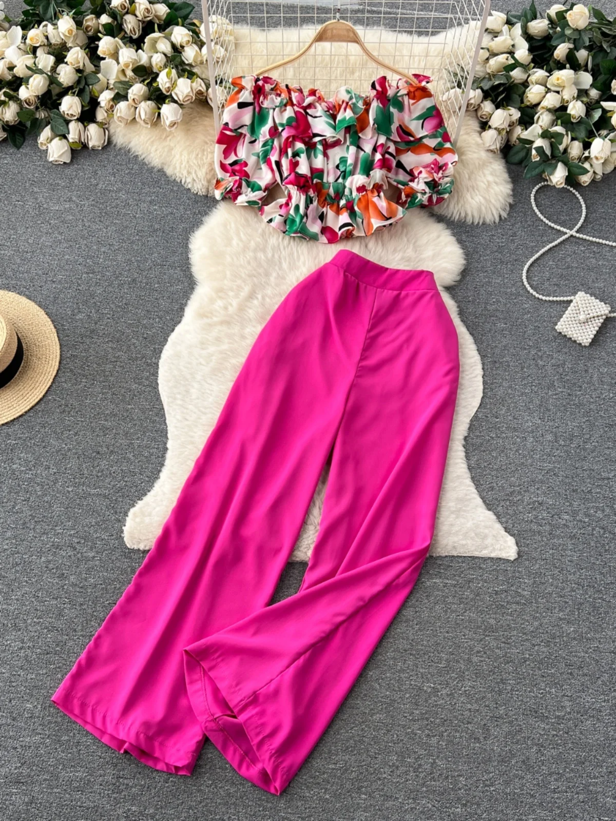 Conjunto de dos piezas de blusa con estampado floral estilo coreano y plones de pierna ancha, conjunto de moda adeazant...