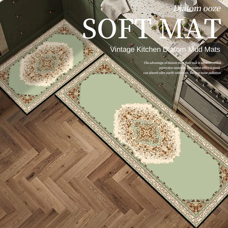 VIKAMA Vintage Pattern Ceramic Kitchen Floor Mat, Long Strip, Water and Oil Absorbent, Anti-slip Carpet, Siliceous Mat