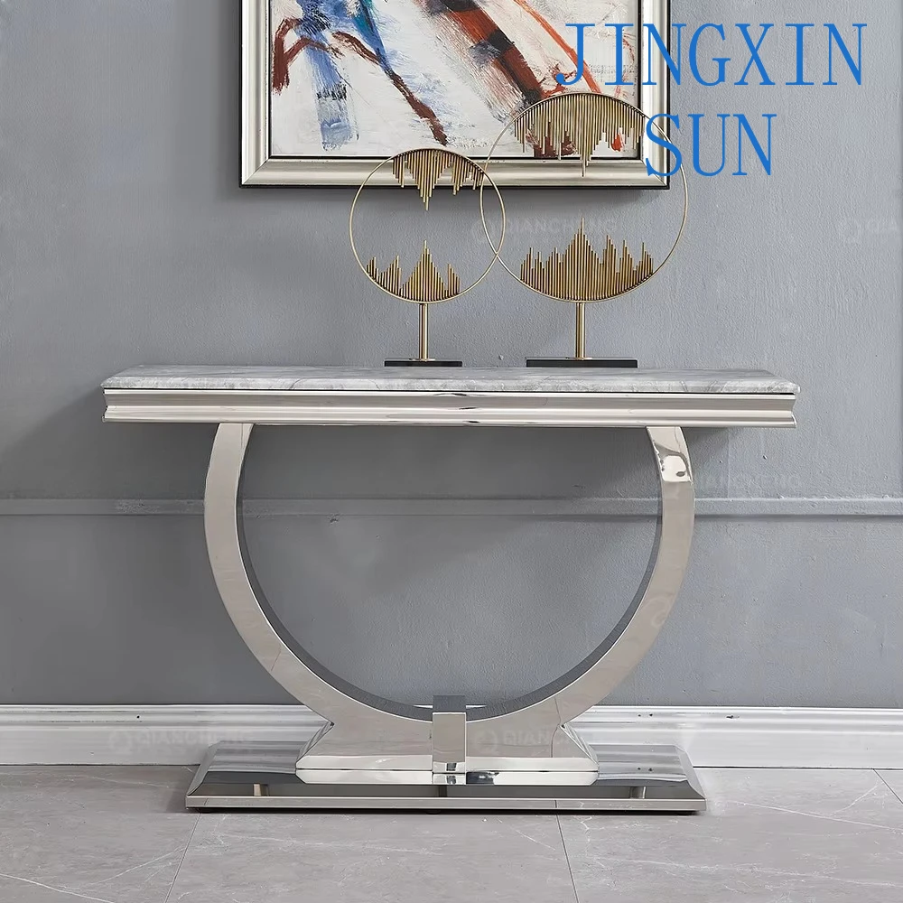 Rectangle Entrance Porch Modern Living Room Furniture Luxury Corridor Metal Stainless Steel Mirror Marble Console Table