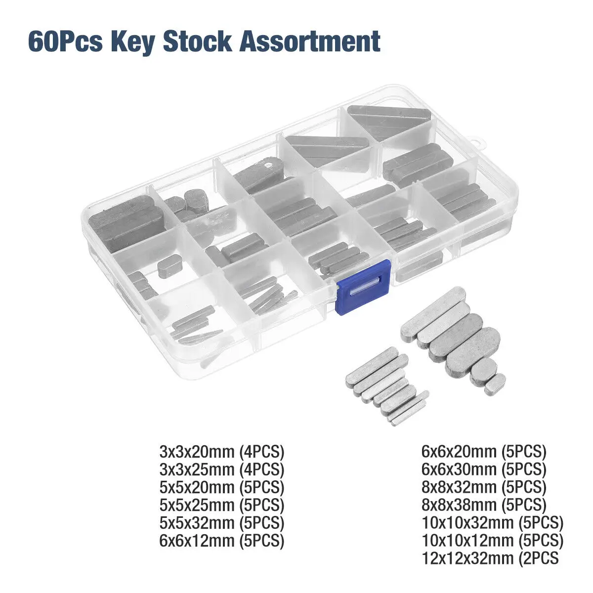 60 pcs SAE Keystock Bar Assortment Lock Pulleys Gears Square Key Stock Keyway Set