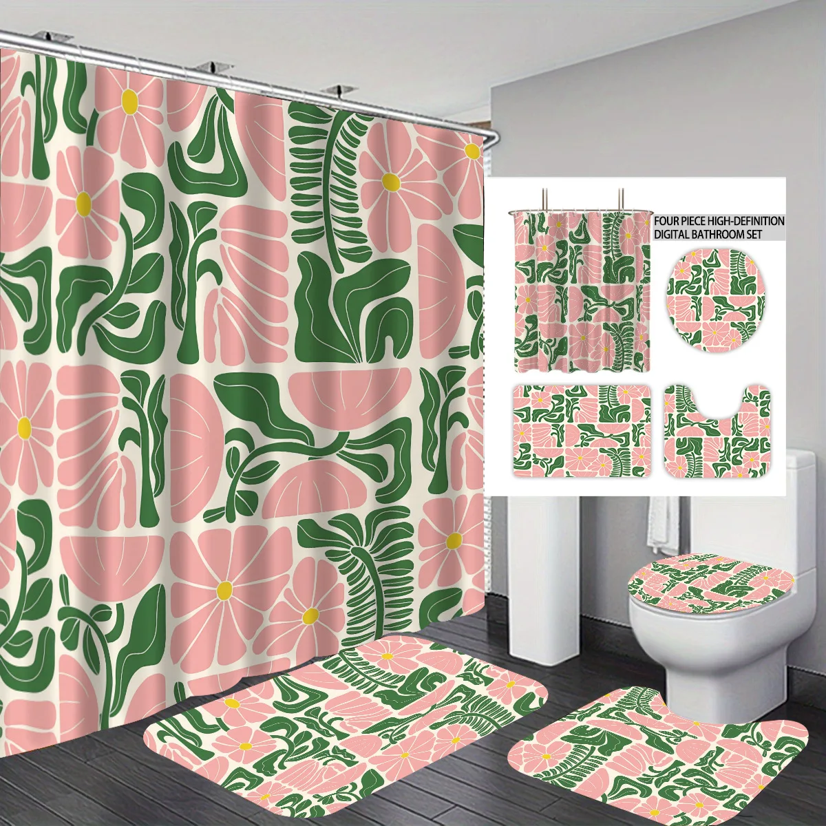 Polyester Shower Curtain, Floral Waterproof Quick Drying, Fade Mold Resistant, Washable Bathroom Decor Curtain with 12 Hooks