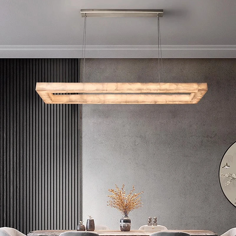

New Chinese style modern simple natural marble chandelier creative duplex hall lamp villa study bedroom dining room lamp