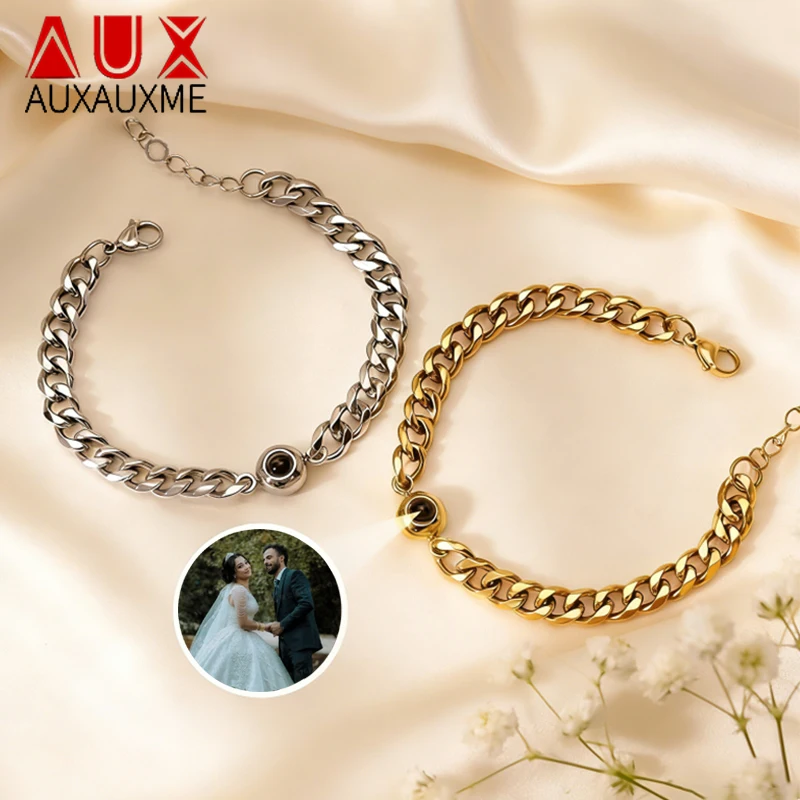 

Auxauxme Personalized Custom Projection Photo Bracelet for Women Men Stainless Steel Punk Chain Round Charms Bracelet Jewelry