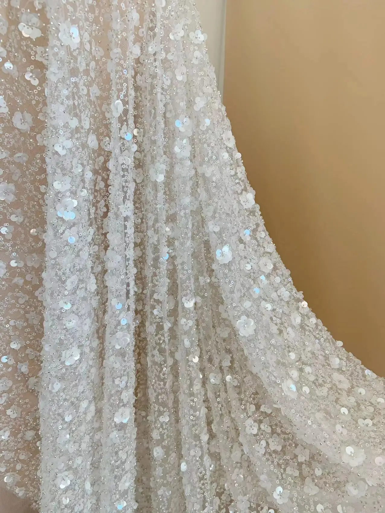 1 Yard Off White Beaded Tulle Lace Fabric with 3D Sparkle Sequined Flowers for Ball Gown,Couture,Bridal Dress Decor