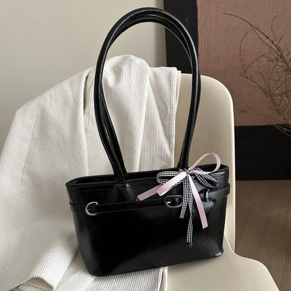 Sweet PU Leather Bow Ribbon Shoulder Bag Korean Style Y2K French Stick Underarm Bag Zipper Leisure Women Handbag Women 4