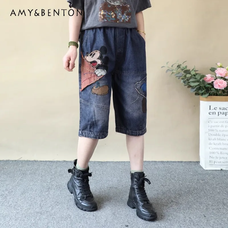 

Summer Retro Cartoon Patch Embroidered Denim Knee Pants Female Loose Casual Stitching Straight Thin Jeans Shorts Women's Clothes