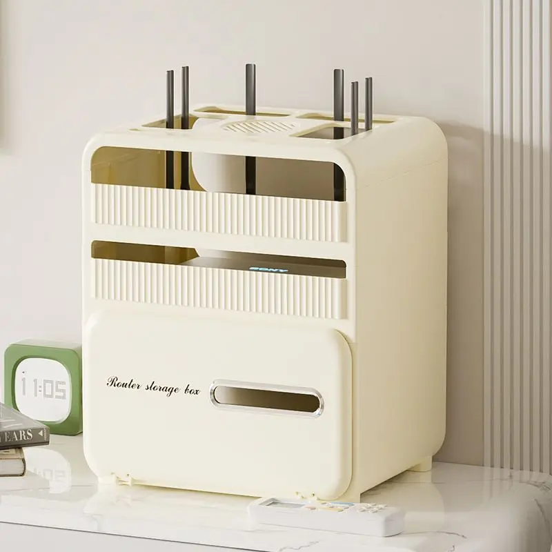 Cream White Plastic Router Storage Box Multi-Layer Wifi Organizer with Heat Dissipation Holes Cable Management Holder for Home view 4