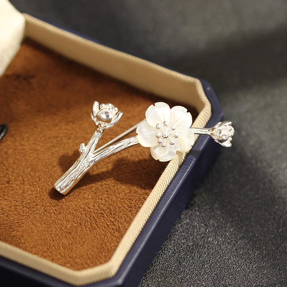 Chinese Style Auspicious Lucky Silver Natural Mother Of Pearl Carved Plum Blossom Branch Brooch Elegant Pin For Women Daily Wear