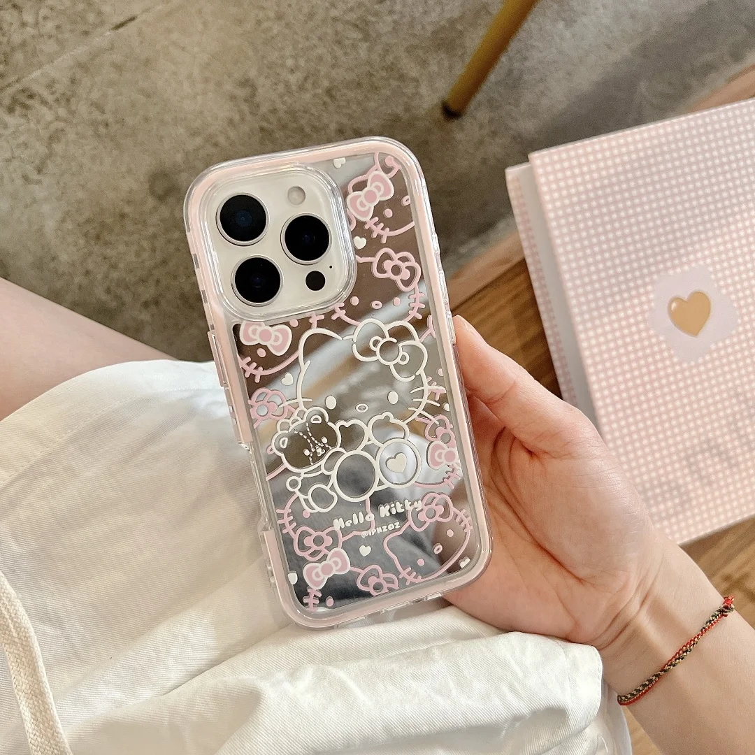 

INS Korean Cute Hello Kitty Cat Makeup Mirror Phone Case For iPhone16 15 14 13 Pro Max Cartoon Girl pink Shell Soft Back Cover﻿﻿