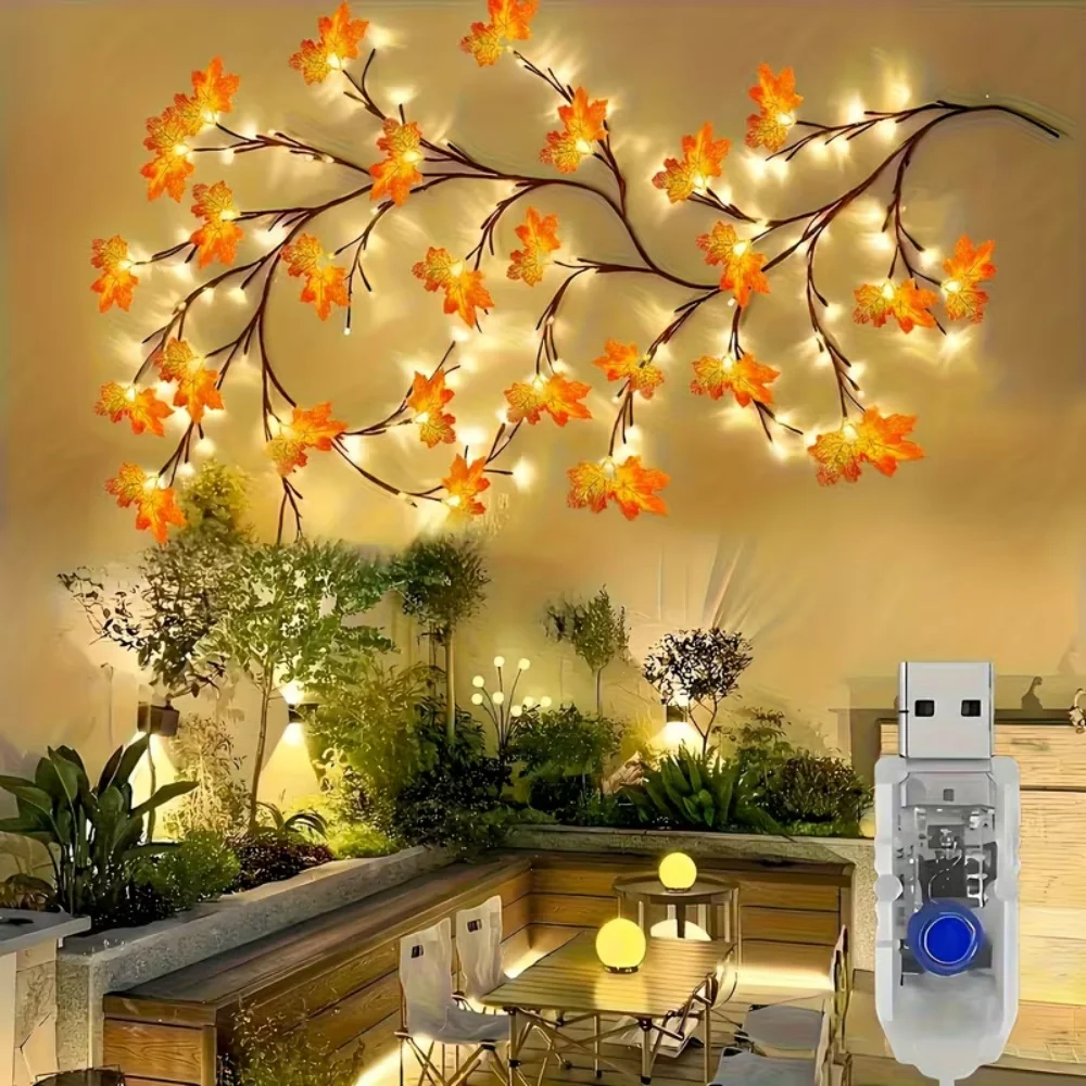 48 LED Lighted Maple Leaf Branch Garland 150CM Flexible Bendable Twig Vine Lights USB Powered  for Wall Thanksgiving Home Decor