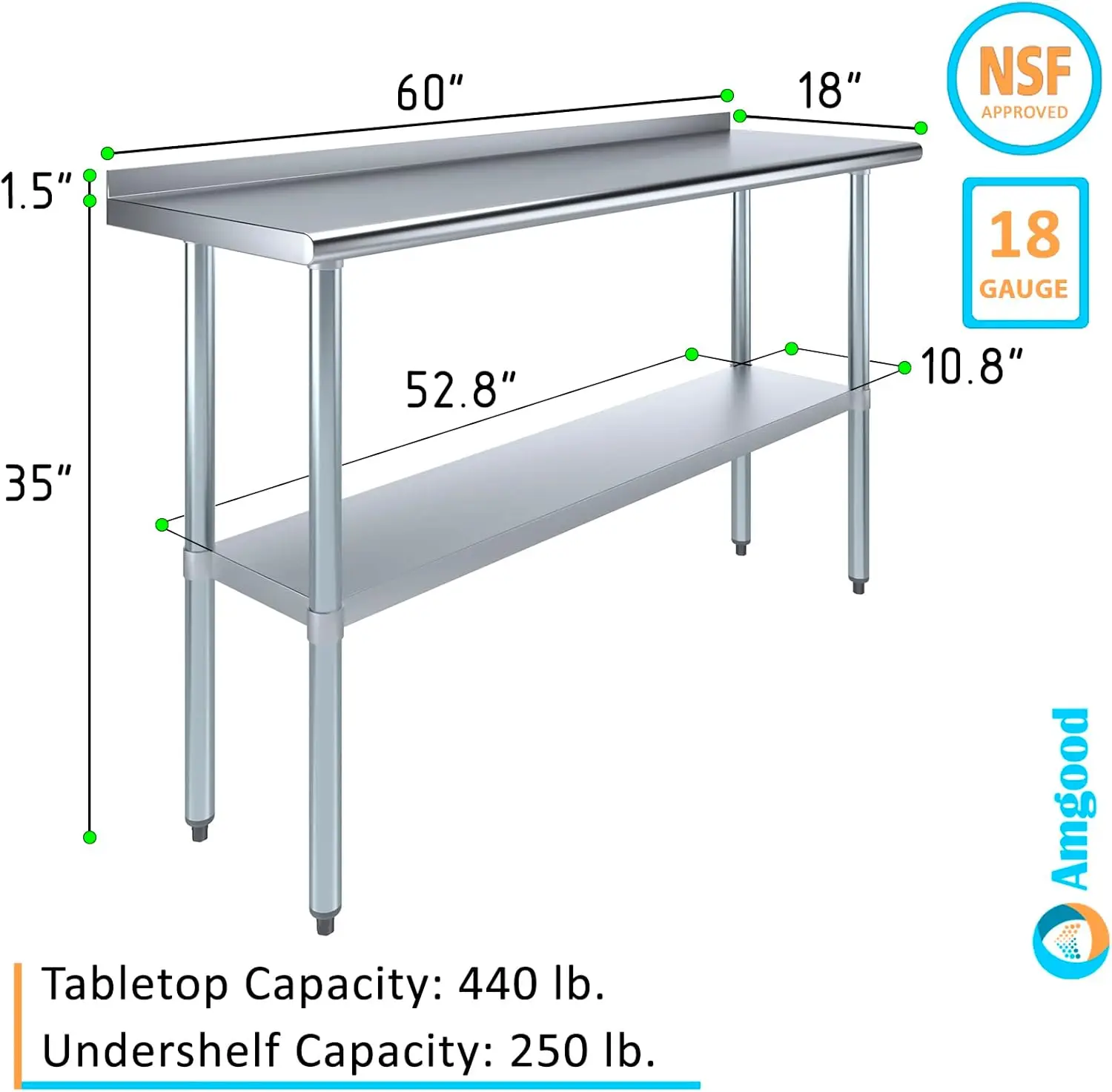 AmGood meja kerja baja tahan karat dengan Backsplash 1.5 "| Meja persiapan makanan dapur logam | NSF (60" panjang x 18 "dalam)