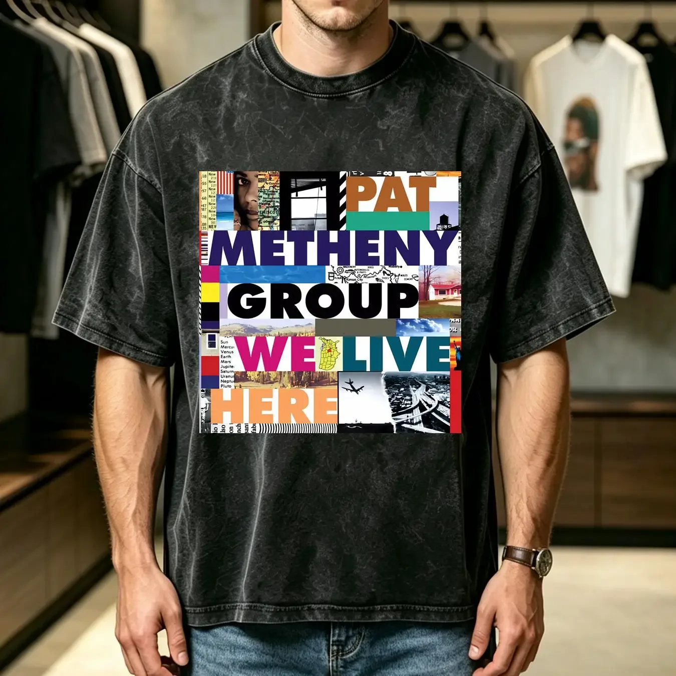 washed T Shirt Vtg Pat Metheny Group We Live Here Album Cover Cotton White A569 long or short sleeves vintage Washed homme