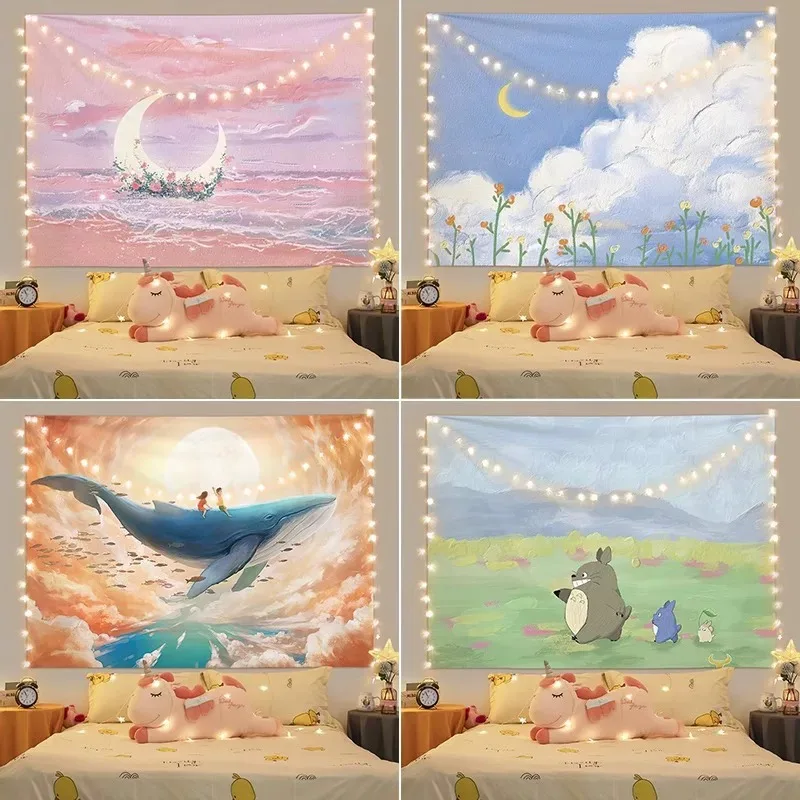 Healing Landscape Oil Painting Tapestry Moon Cloud Whale Nature Wall Hanging Aesthetic Wall Tapestry for Bedroom Dorm Decor