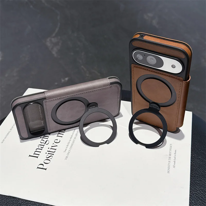 高級PUレザーカードウォレットフリップケース Google Pixel 10 9 Pro XL 8 9 10 Pro 9A用 マグネット式Magsafe 360度回転リングブラケットカバー