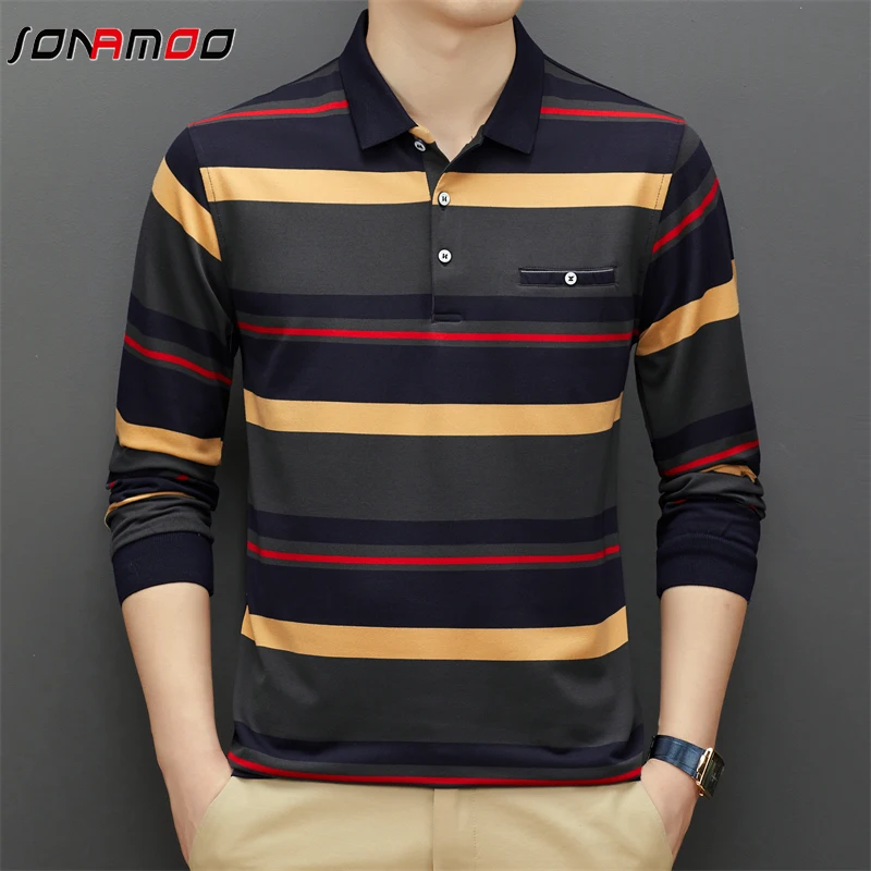 Spring and Autumn Long Sleeve Polo Shirt Fashion Stripe Men\'s Polo Neck Top Pure Cotton Daily Long Sleeve Polo Shirt