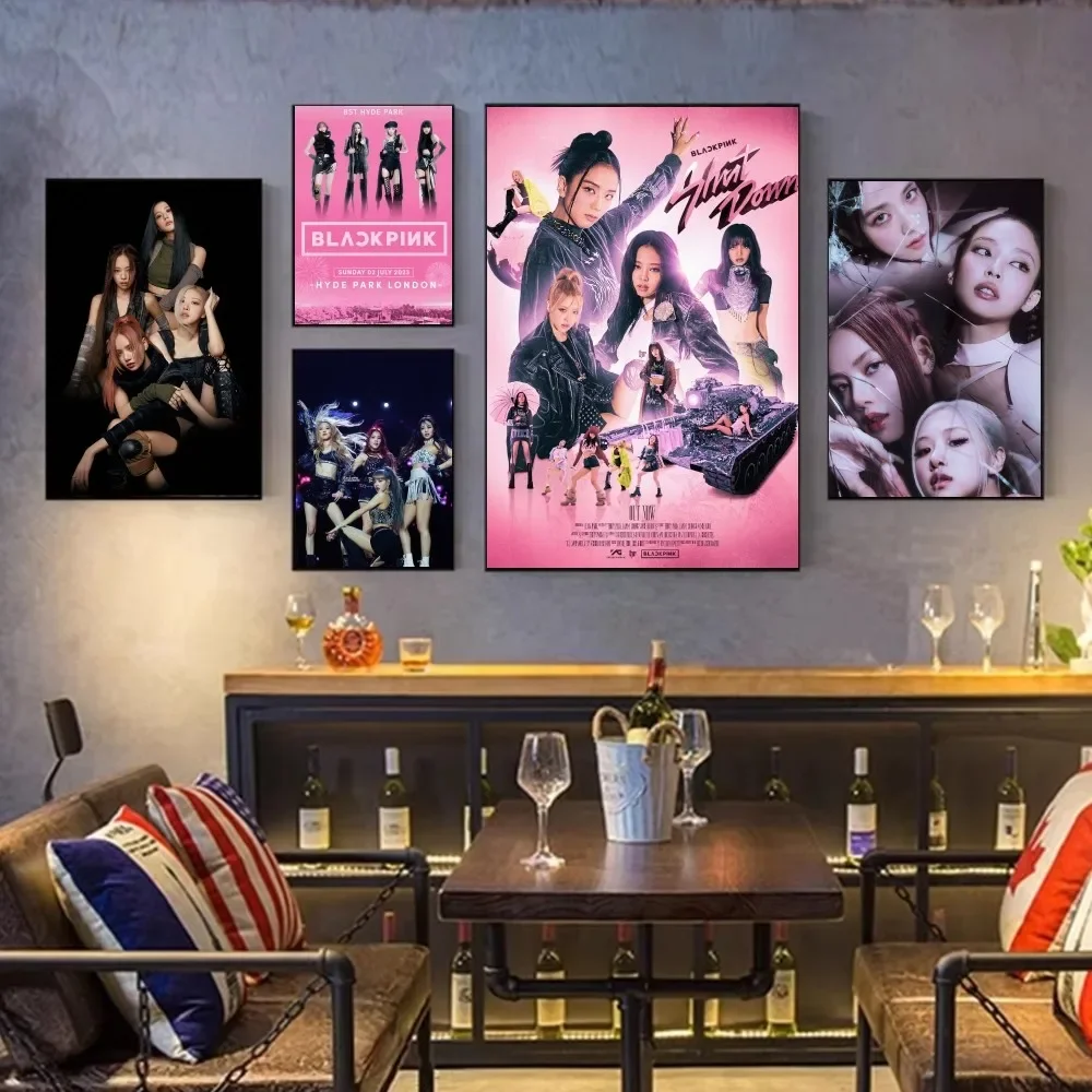 Kpop B-Black-pinkS Poster Fancy Wall Sticker for Living Room Bar Vintage Decorative Painting Middle