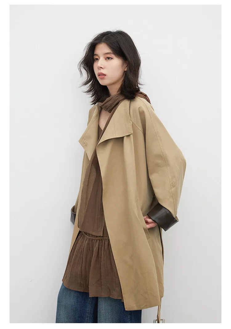 CHIC VEN Korean Women Mid Length PU Jacket Stand Collar One-button Laced Up Overcoat Office Lady Trench Coat Spring Autumn 2026