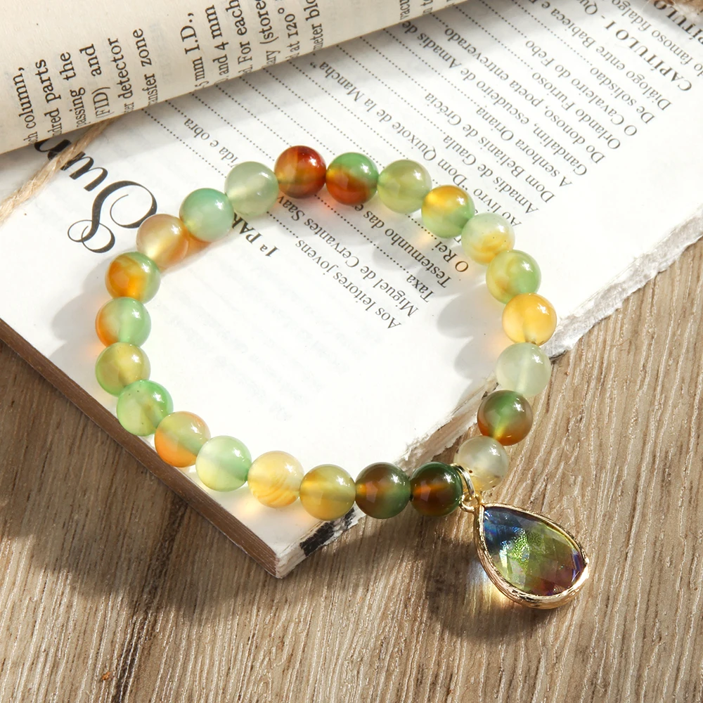 New Fashion Minimalist Women's Bracelet 8mm Colorful Stripe Agate Candy Natural Stone Beaded Elastic Bracelet Colored Glass Drop